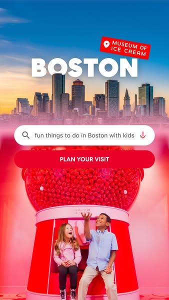 Ad for the Museum of Ice Cream in Boston. The ad features the Boston skyline and two kids interacting with a large candy