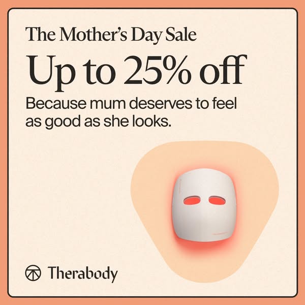 This is a product ad for Therabody running for Mother's Day, promoting a sale offering up to 25% off.