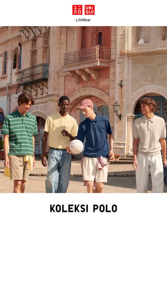 This ad showcases Uniqlo's polo collection. Four men are pictured standing outside near a building. The text at the