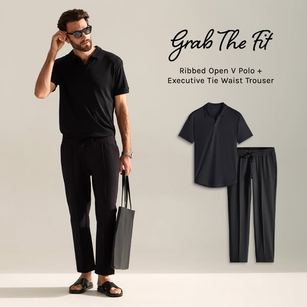 An advertisement for a ribbed open V polo and executive tie waist trouser set. The ad features an image of a man wearing