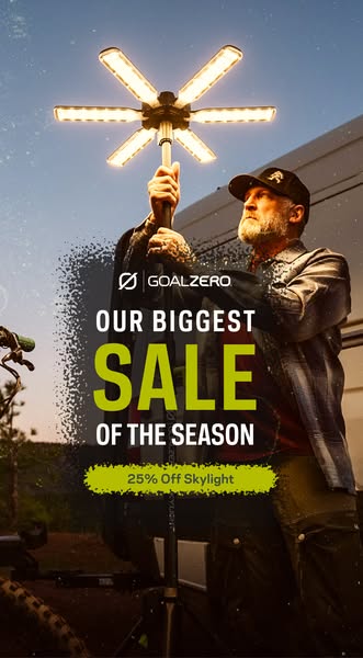 This ad features a man holding a Goal Zero Skylight product with a text overlay advertising a 25% discount. The ad is de
