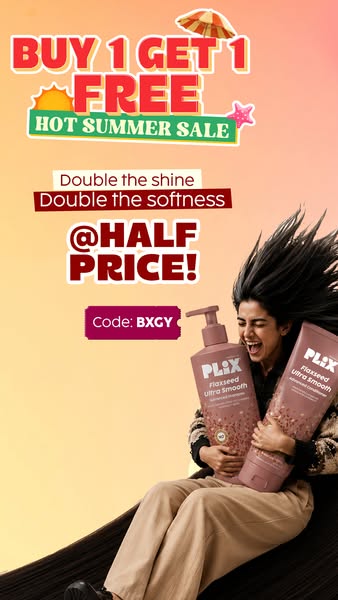 This ad promotes Plix hair products with a buy-one-get-one-free offer and a discount code. It features a smiling woman h