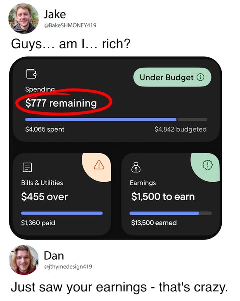This ad shows two users interacting in a social media format about a screenshot from a budgeting app. The first user is 