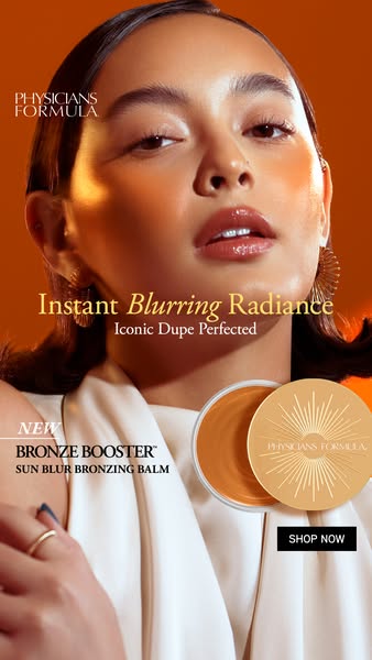 This ad showcases Physicians Formula's Bronze Booster Sun Blur Bronzing Balm, highlighting its blurring radiance eff