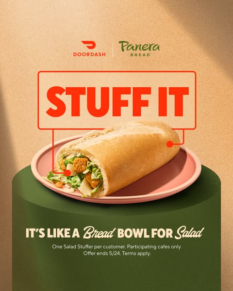This image ad promotes Panera Bread's Salad Stuffer which can be ordered through Door Dash. The ad showcases the pro