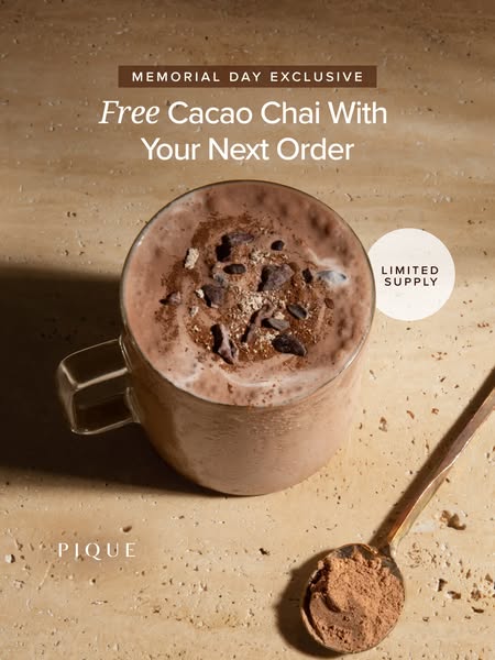 This ad features Pique's Cacao Chai product, emphasizing a Memorial Day exclusive offer of a free cacao chai with th