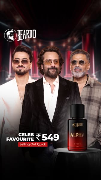 This image ad for Beardo Alpha Spice Perfume features three male celebrities in a red-lit environment. The ad highlights