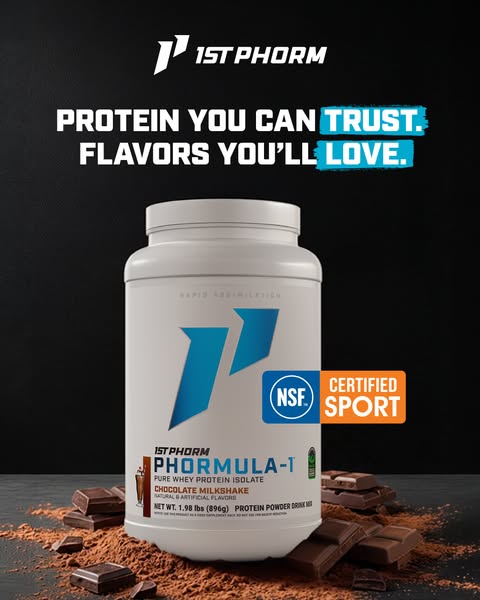 This image ad promotes 1st Phorm's Phormula-1 protein powder as a delicious and trustworthy solution for muscle reco