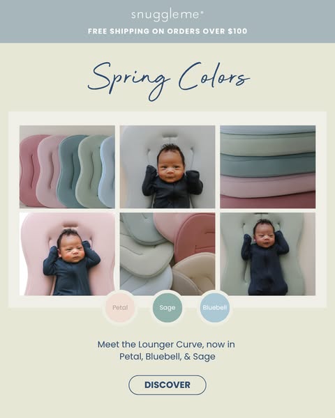 This image ad promotes the Snuggle Me Lounger in spring colors. It features a grid of images that showcase the lounger i