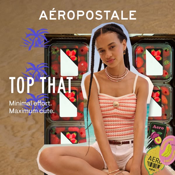 This ad features a young woman in an outdoor setting, surrounded by boxes of strawberries. The overall look is collage-s