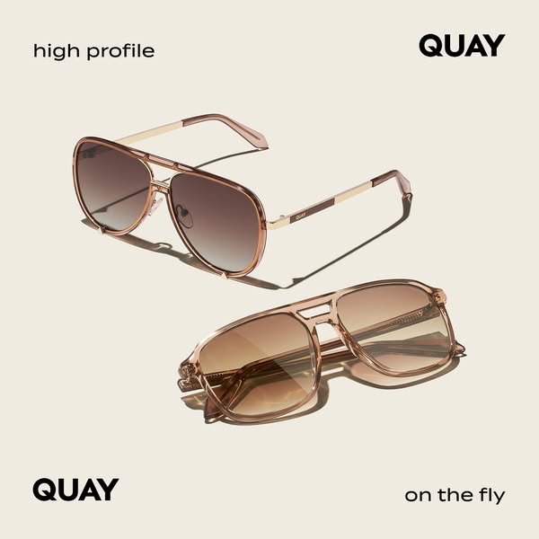This image ad showcases two pairs of Quay sunglasses on a light neutral background.