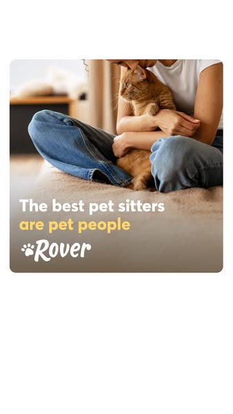 This image ad for Rover features a person sitting cross-legged on a neutral-colored couch, holding an orange cat in thei