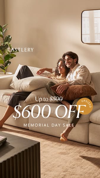 This image ad for Castlery promotes a Memorial Day sale with savings of up to $600. The ad features a diverse couple rel