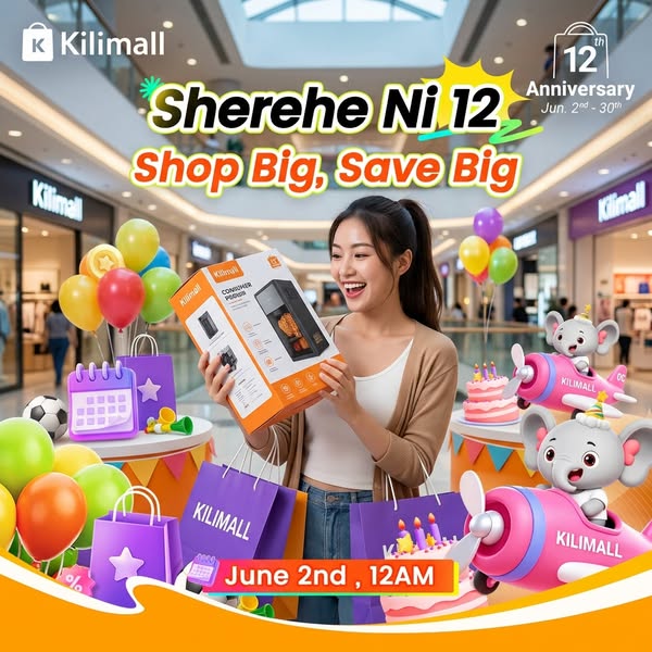 This image ad celebrates Kilmall's 12th anniversary with a sale. It shows a happy shopper holding a Kilmall-branded 