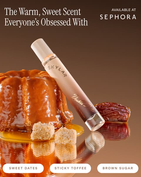 This image ad for Skylar promotes the Double Date perfume. The image features the perfume alongside desserts and ingredi