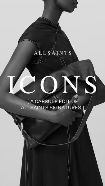 This ad features an image of a model wearing an Allsaints dress and carrying a leather bag. The ad promotes a capsule ed