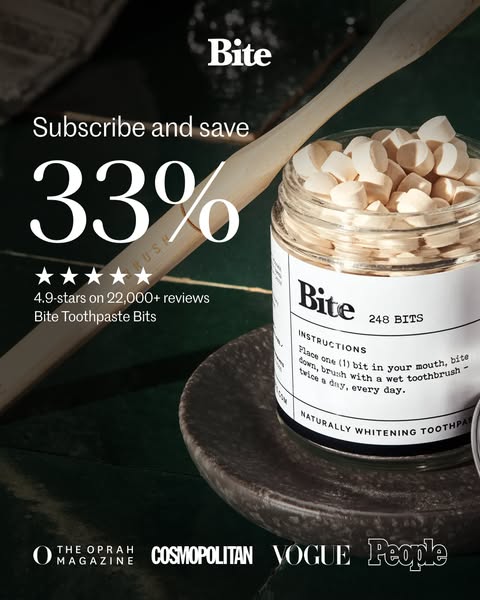 This image ad promotes Bite toothpaste bits, highlighting the subscription savings, positive customer reviews, and the b