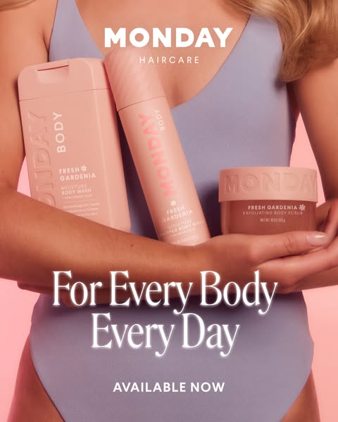 This ad for Monday Haircare shows three body care products held by a model in a light pink-themed setting.