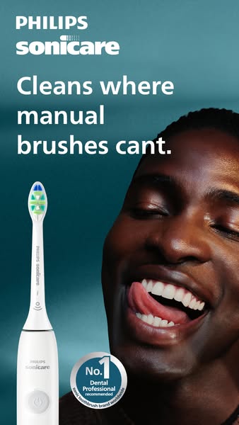 This image ad for Philips Sonicare electric toothbrush highlights its superior cleaning capabilities compared to manual 