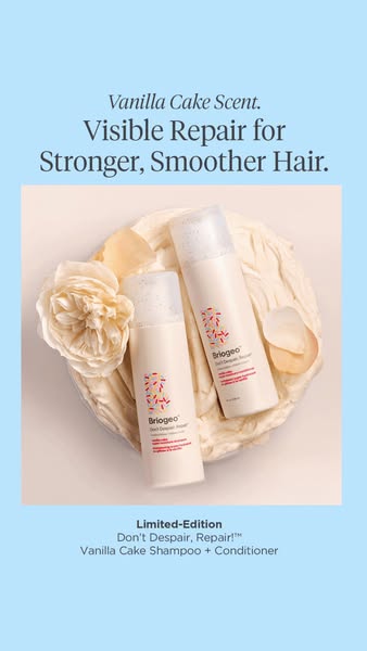 A still image ad for Briogeo's Vanilla Cake Shampoo and Conditioner promotes visible repair for stronger, smoother h