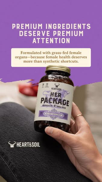 This ad highlights the premium ingredients that can be found in Heart & Soil's Her Package dietary supplement, w