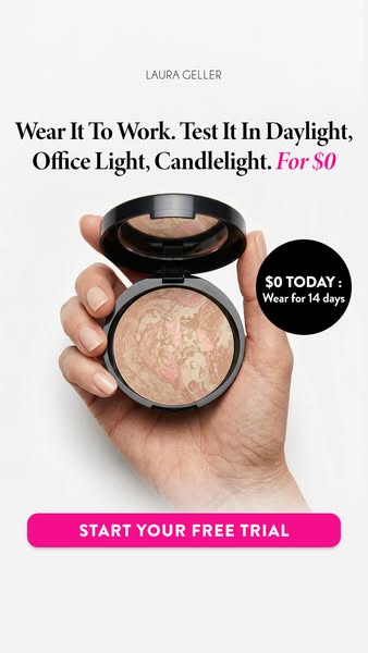 This ad showcases a Laura Geller baked face powder and advertises a free trial.