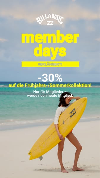 This image ad for Billabong promotes a discount on their Spring/Summer collection for members. The ad features a woman o