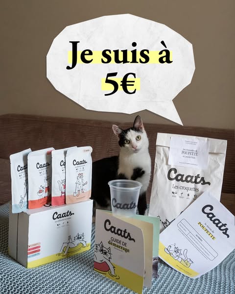 This ad for Caats brand cat food features a photo of a cat sitting behind a box and several bags of Caats cat food. A sp