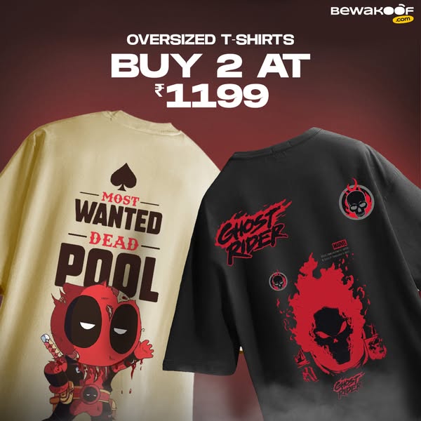 Ad promoting a deal on two oversized t-shirts with pop-culture graphics from the brand Bewakoof.com.