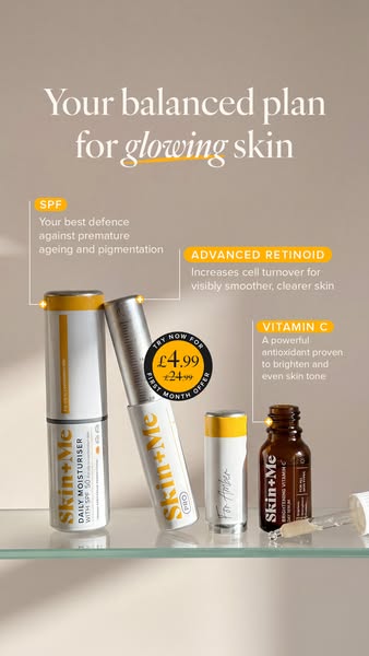 This image promotes Skin+Me skincare products by highlighting how the four products work together to balance the skin fo