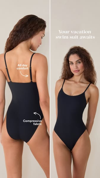 The ad features a woman wearing a black swimsuit and highlights its compressive fabric and all-day comfort.