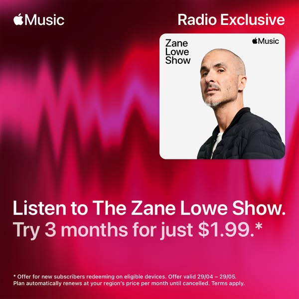 This image ad for Apple Music radio promotes a trial of 3 months of The Zane Lowe Show for $1.99. The ad features Zane L