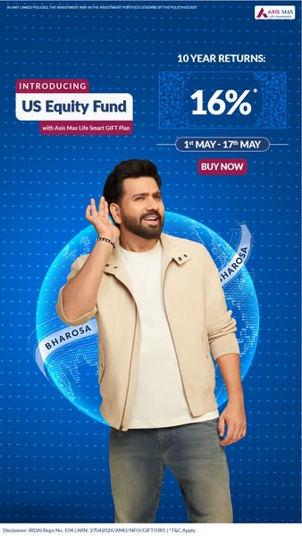 This image ad by Axis Max Life promotes their US Equity Fund available with Axis Max Life Smart GIFT Plan. The ad featur