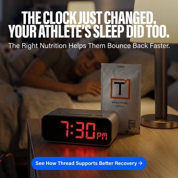 The ad highlights the impact of daylight savings time on athletes' sleep and offers a nutrition solution to help the