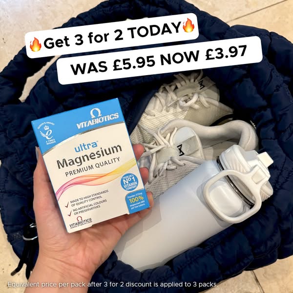 An image ad for Vitabiotics Ultra Magnesium supplements. The ad features a 3 for 2 offer and displays the product in a g
