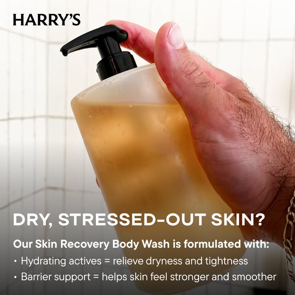 This ad features Harry's Skin Recovery Body Wash and promotes its ability to relieve dryness and tightness and to he