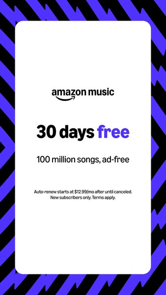 This image promotes a 30-day free trial of Amazon Music, highlighting access to 100 million ad-free songs, but notes tha