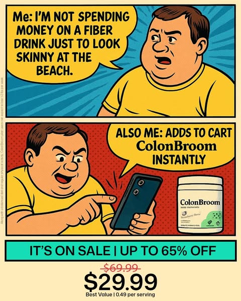 This ad uses a comic strip style featuring a man who initially refuses to spend money on a fiber drink to look skinny bu