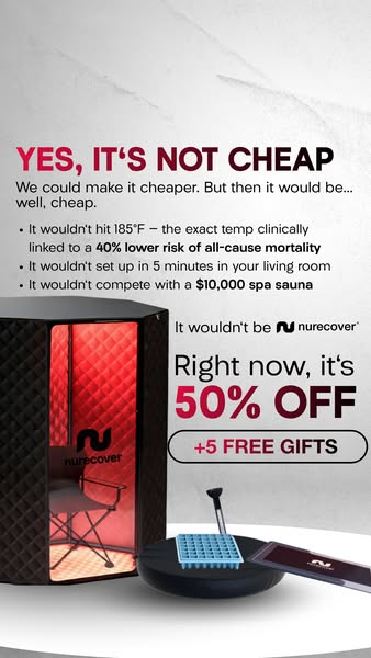 This ad features a Nurecover sauna. The ad copy acknowledges that the sauna is not cheap and then proceeds to describe w