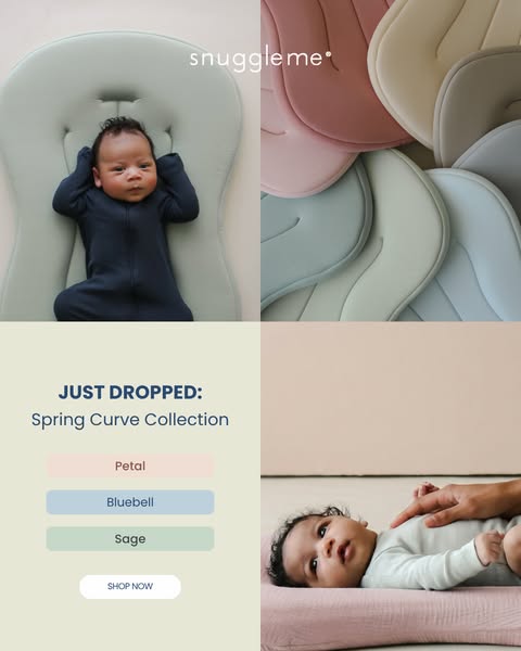 This ad showcases the Snuggle Me lounger. Several loungers in a variety of colors are displayed, and babies are shown us