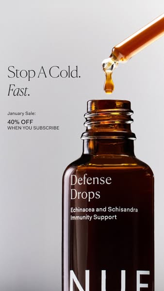 This image ad promotes Nuele's Defense Drops, highlighting their immunity support benefits and a limited-time Januar