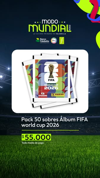 This image ad promotes the FIFA World Cup 2026 sticker album, sold in a pack of 50 sticker packets. The ad also highligh