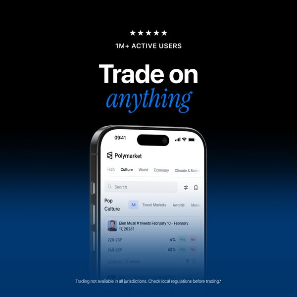 This image ad showcases Polymarket, a platform that allows users to trade on various topics. The ad highlights the platf