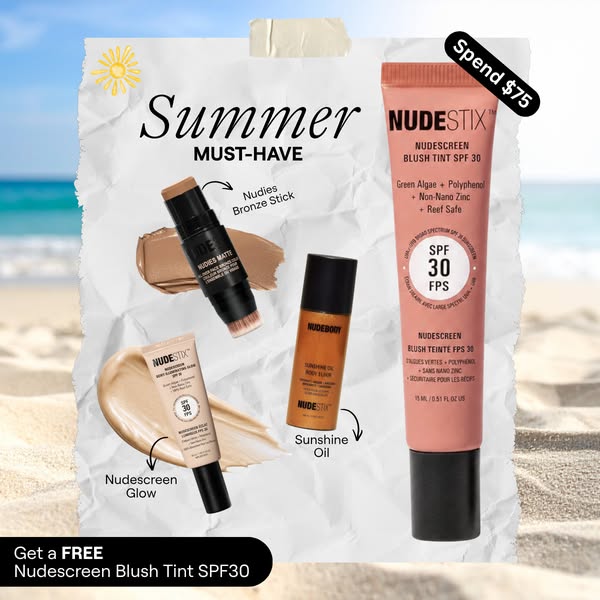 This image ad promotes Nudestix makeup products as summer must-haves. It features various products including bronzer, su