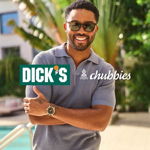 This image ad features a collaboration between Chubbies and Dick's Sporting Goods, showcasing a smiling man in Chubb