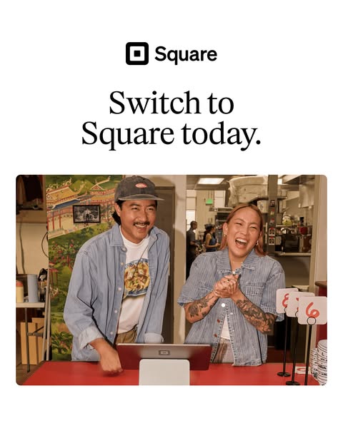 This image ad for Square encourages viewers to switch to their platform. It features a photograph of two restaurant work