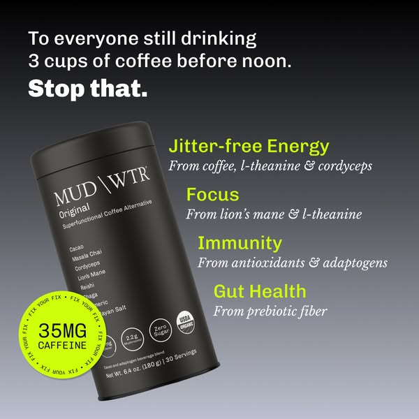 This image ad presents MUD\WTR as a jitter-free alternative to coffee and lists the product's benefits.