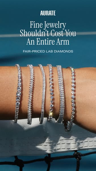 This ad for Aurate promotes fine jewelry, specifically lab diamonds, as an affordable luxury. It features an arm adorned