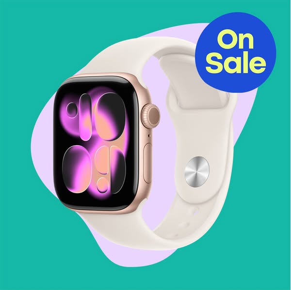 This ad features an image of a smartwatch, highlighting that it is currently on sale. The watch has a gold case and a li