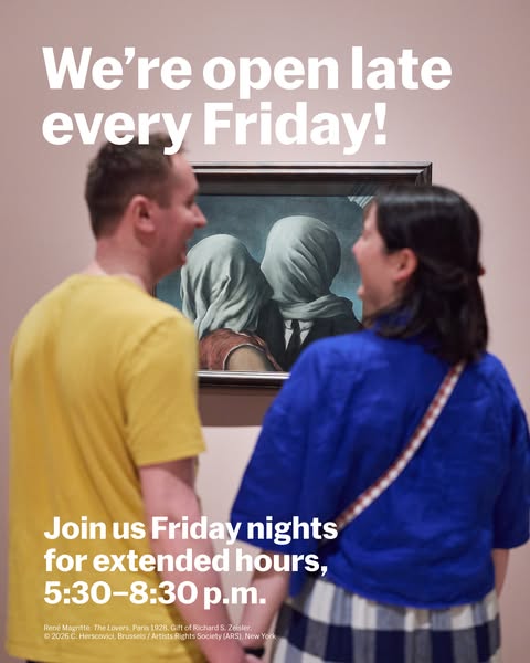 This ad features a couple standing in front of the painting "The Lovers" by Rene Magritte. The ad copy promote